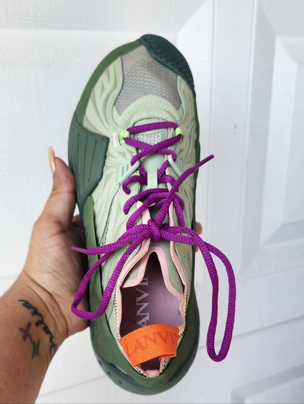 Green Multicolor Athletic Sneaker with Purple Laces - Picture 3 of 3